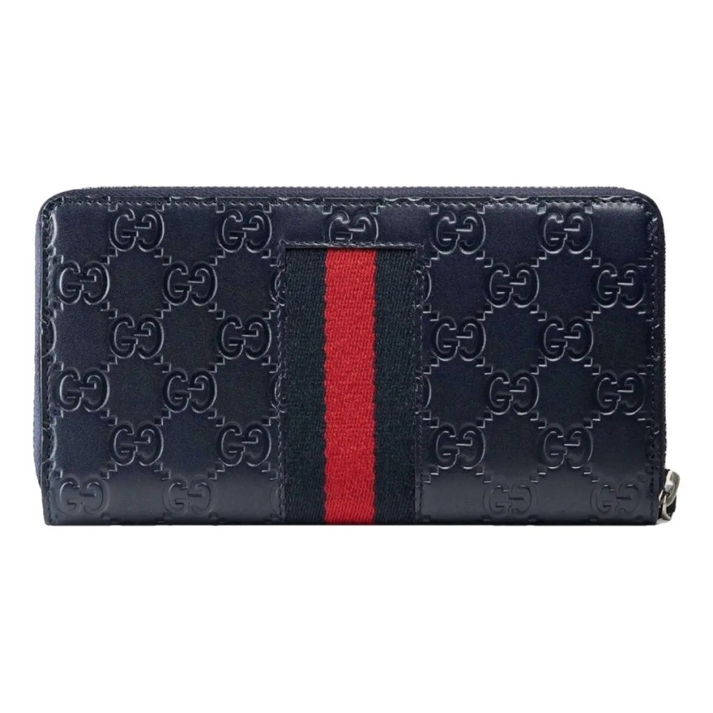 Gucci Navy Guccissima Continental Web Zip Wallet Silver Hardware